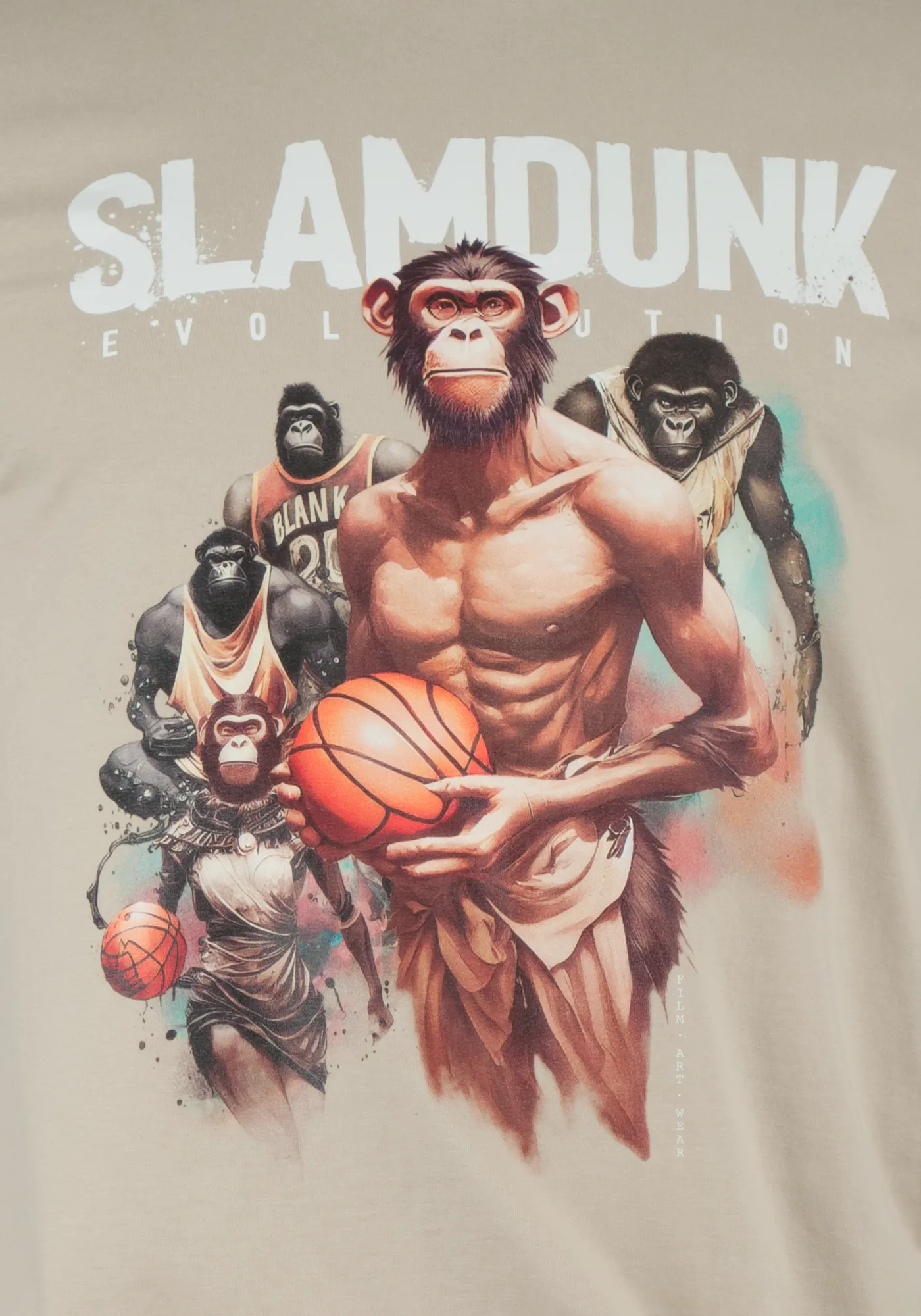 Closeup Frontprint mit Schriftzug Slamdunk und Motiv basketballspielende Menschenaffen