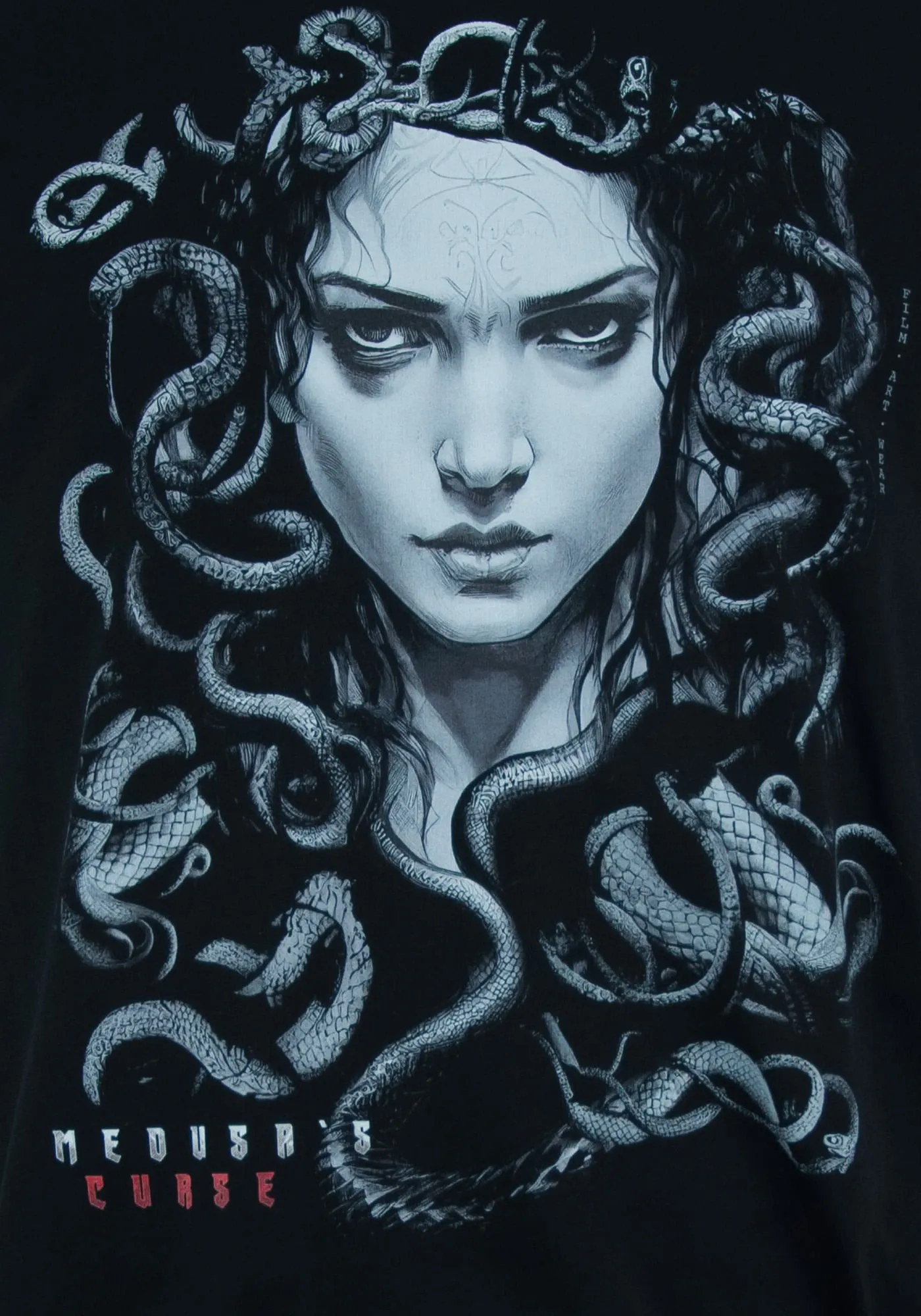 Close Up Medusa Kopf Print Vorderseite schwarzes T-Shirt