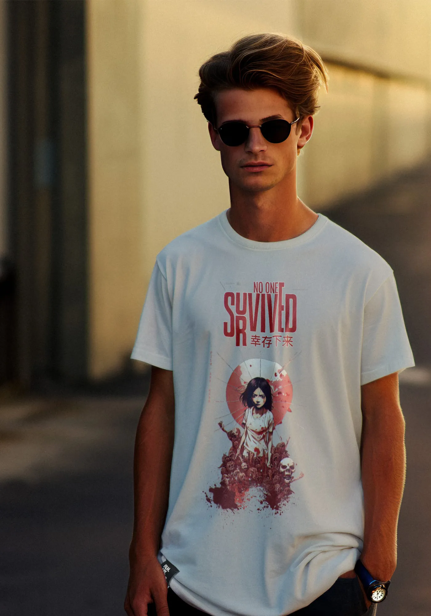 Model Jordan trägt Survivor T-Shirt im Manga Stil
