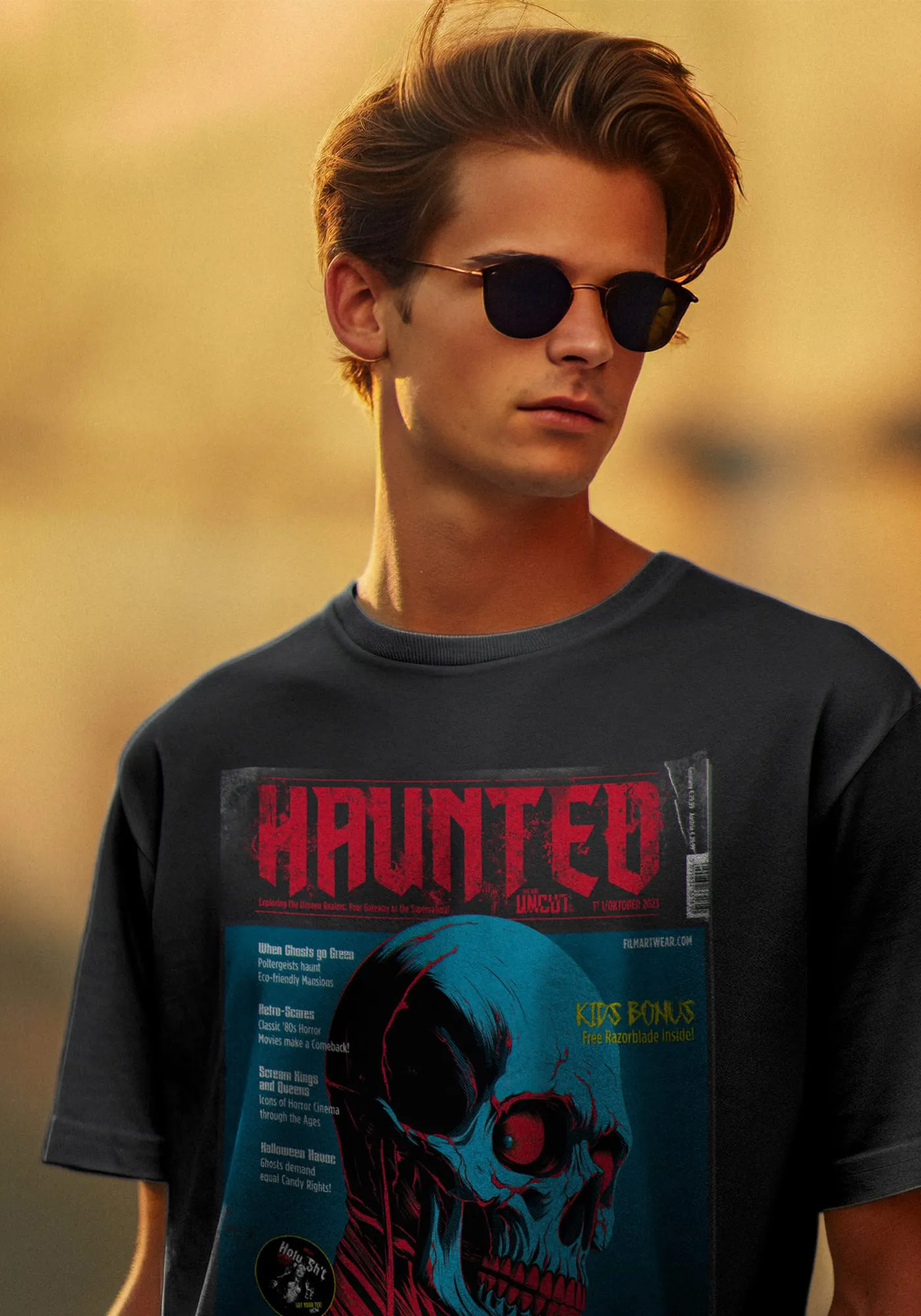 schwarzes gruselshirts T-Shirt Haunted getragen von Model Jordan