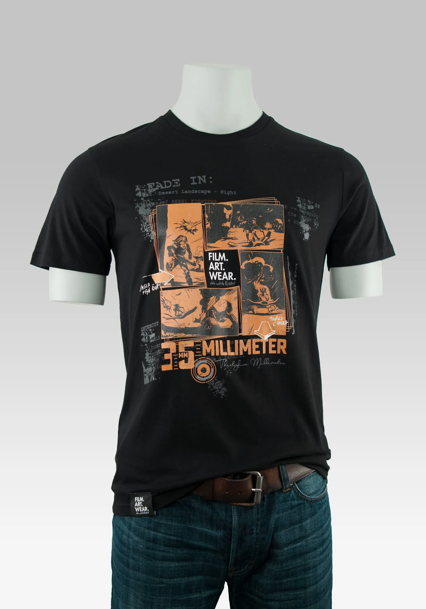 Schwarzes T-Shirt 35 Millimeter mit Storyboard Frontprint