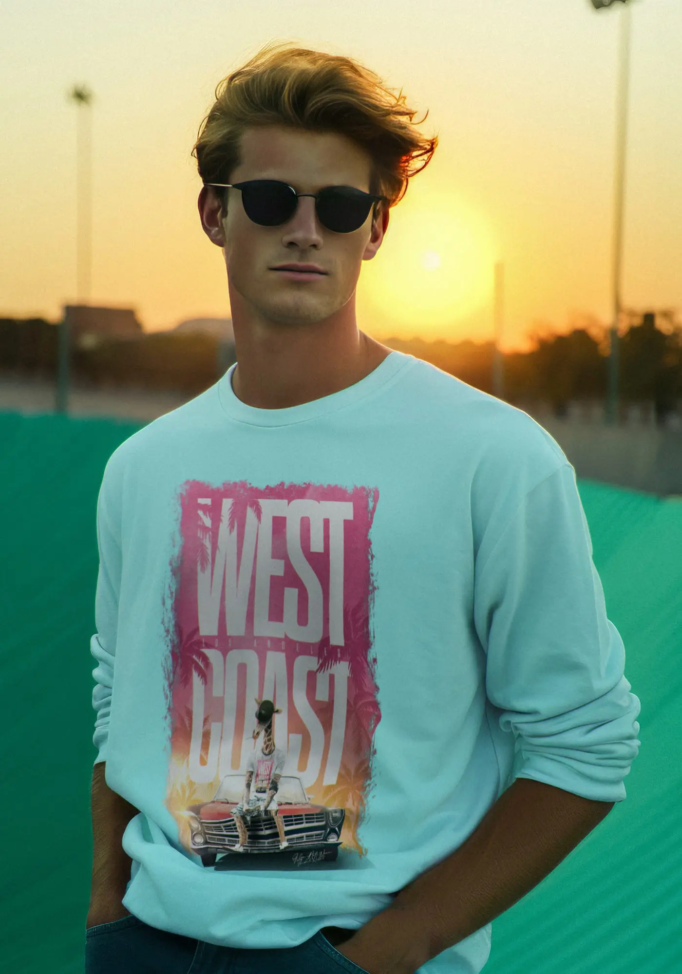 Model Jordan in Abendstimmung trägt das Westcoast Streetwear Longsleeve mit coolem Streetwaer Print auf der Vorderseite