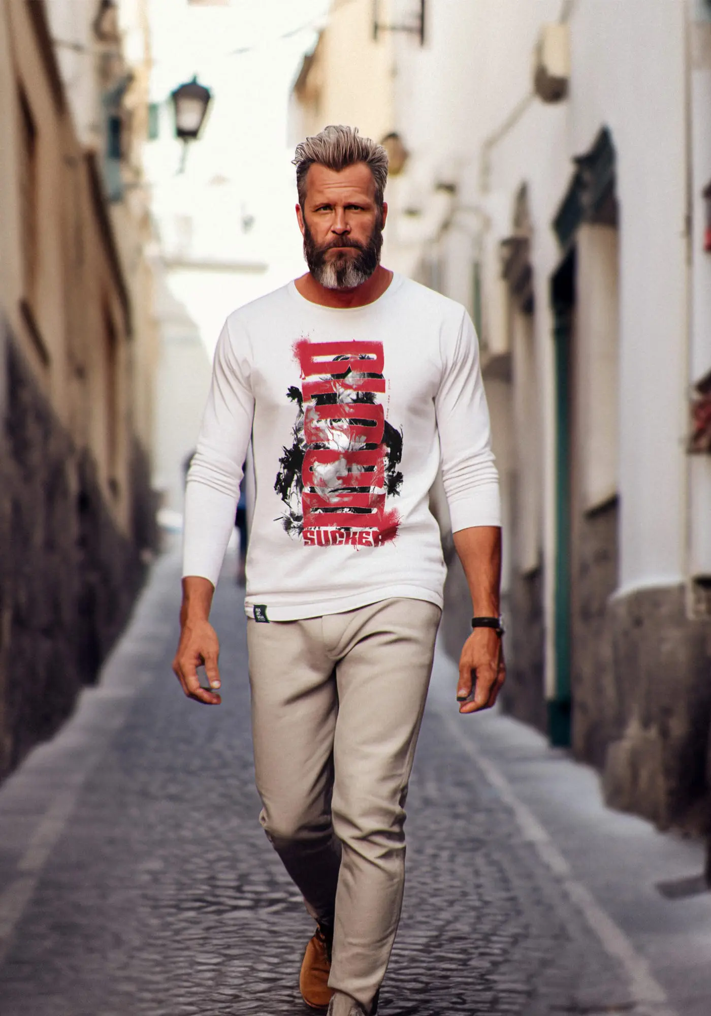 Model Matt trägt das weiße Bloodsucker Herren langarmshirt in urbaner Straßenumgebung