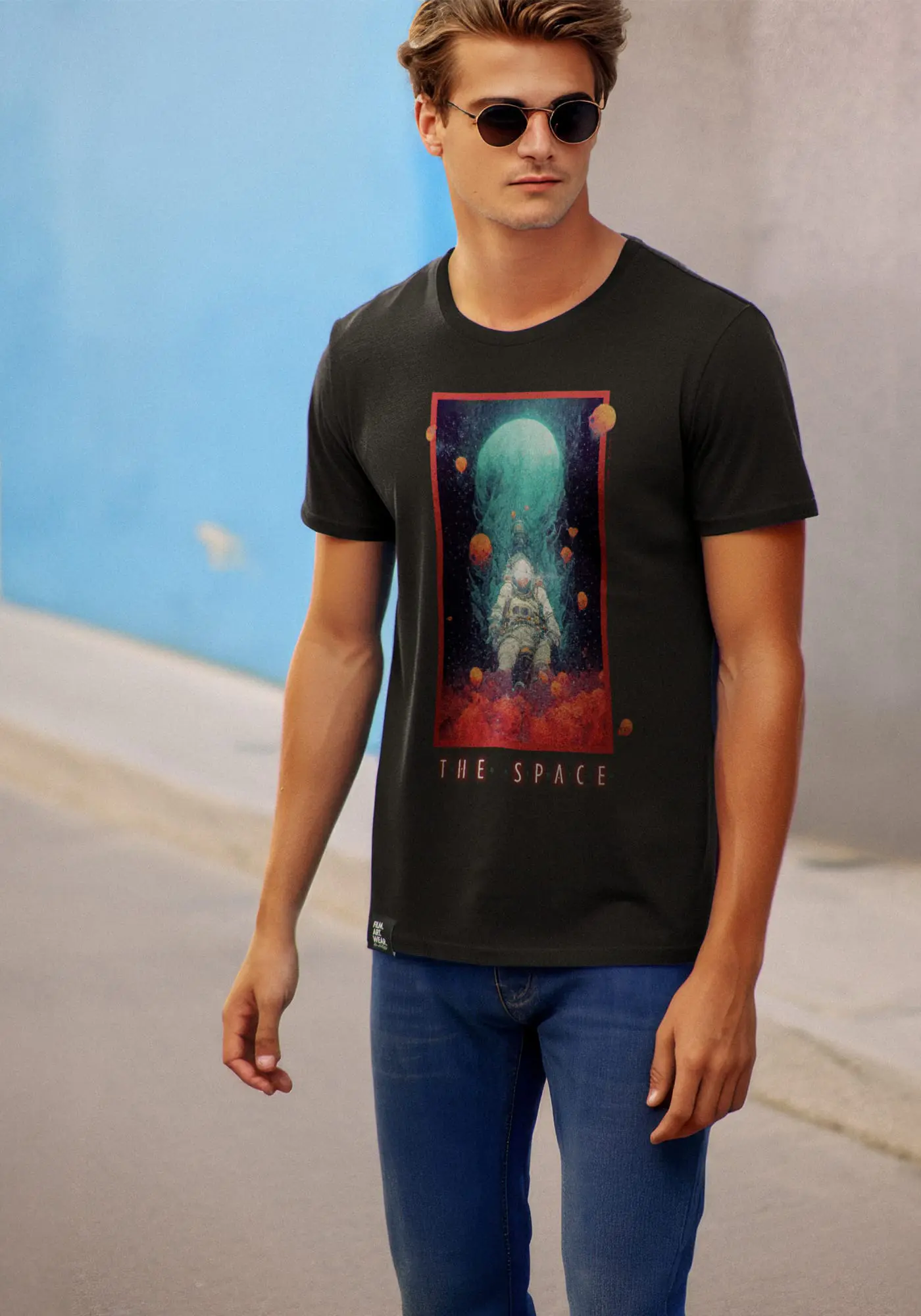 schwarzes Astronauten T-Shirt getragen von Model Jordan