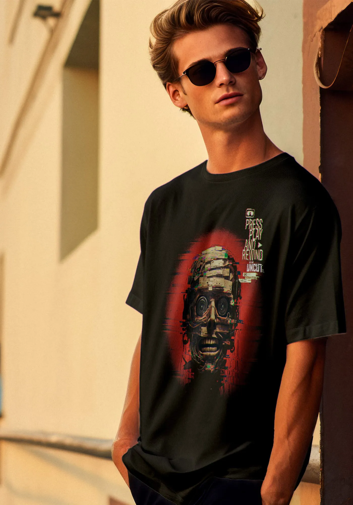 schwarzes Retro-VHS T-Shirt getragen von Jordan