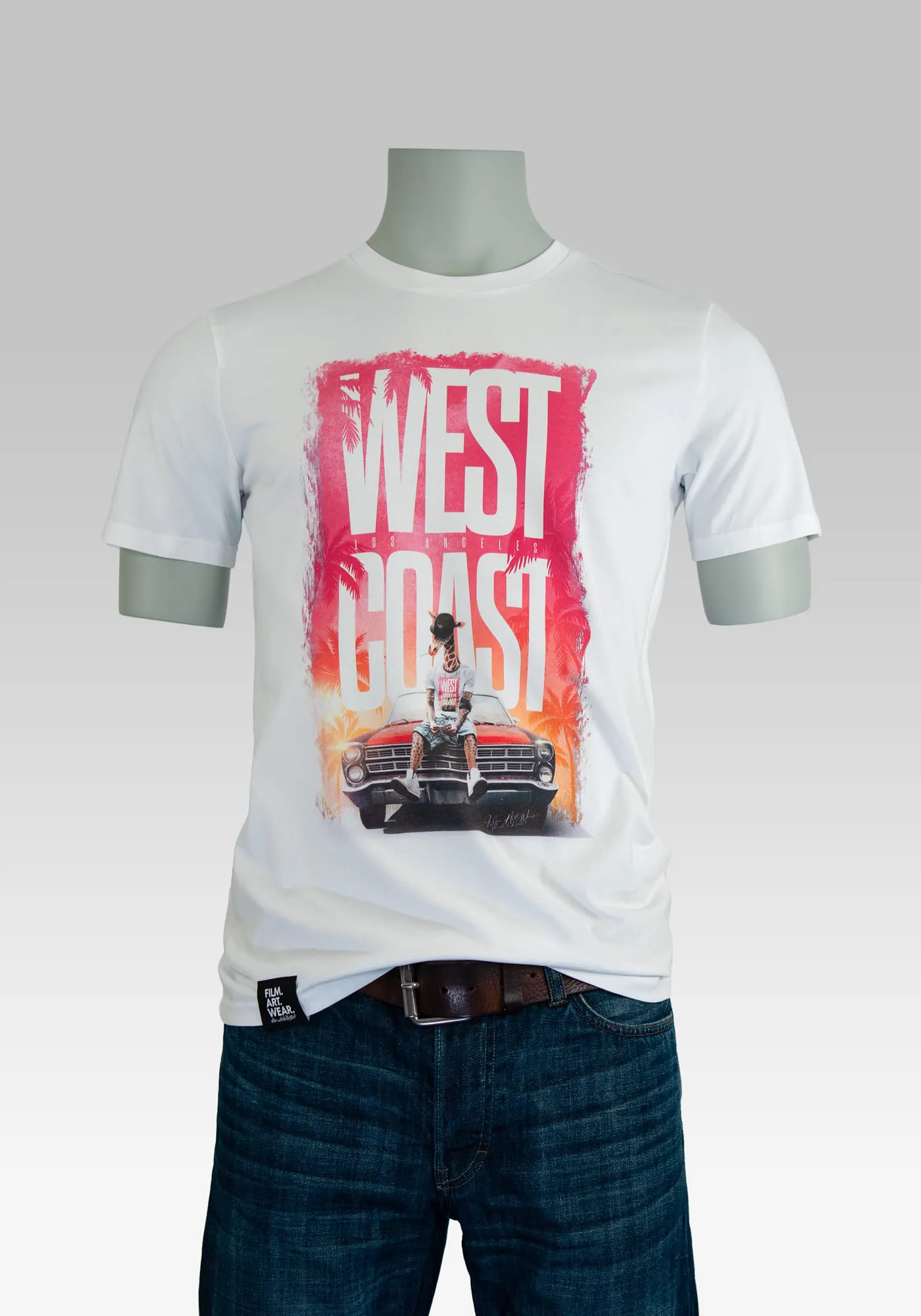 weißes T-Shirt Frontprint Westcoast Schriftzug und coole Gangstergiraffe