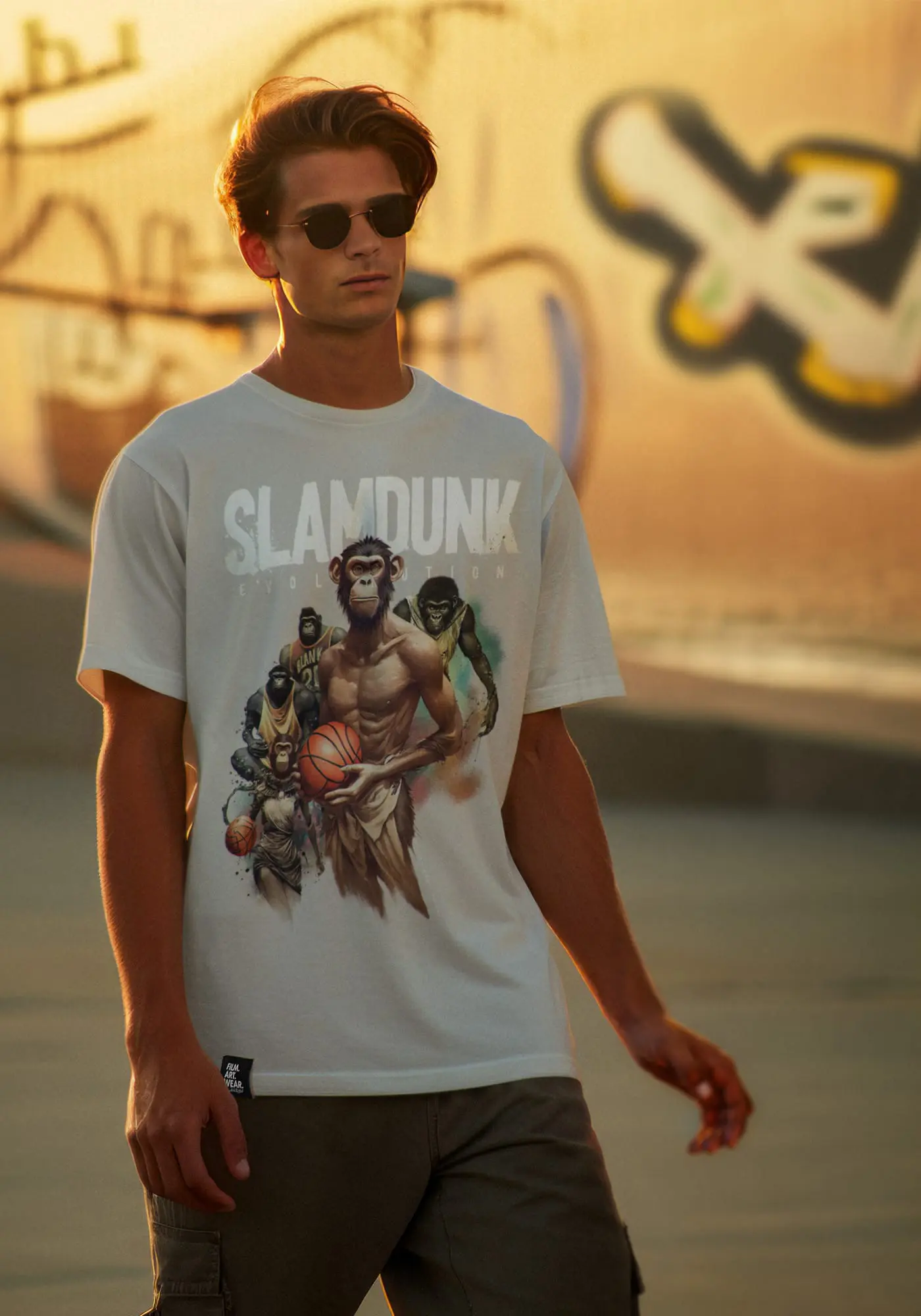 Jordan träg T-Shirt Slamdunk in Desert Dust in der Abenddämmerung auf einer Halfpipe