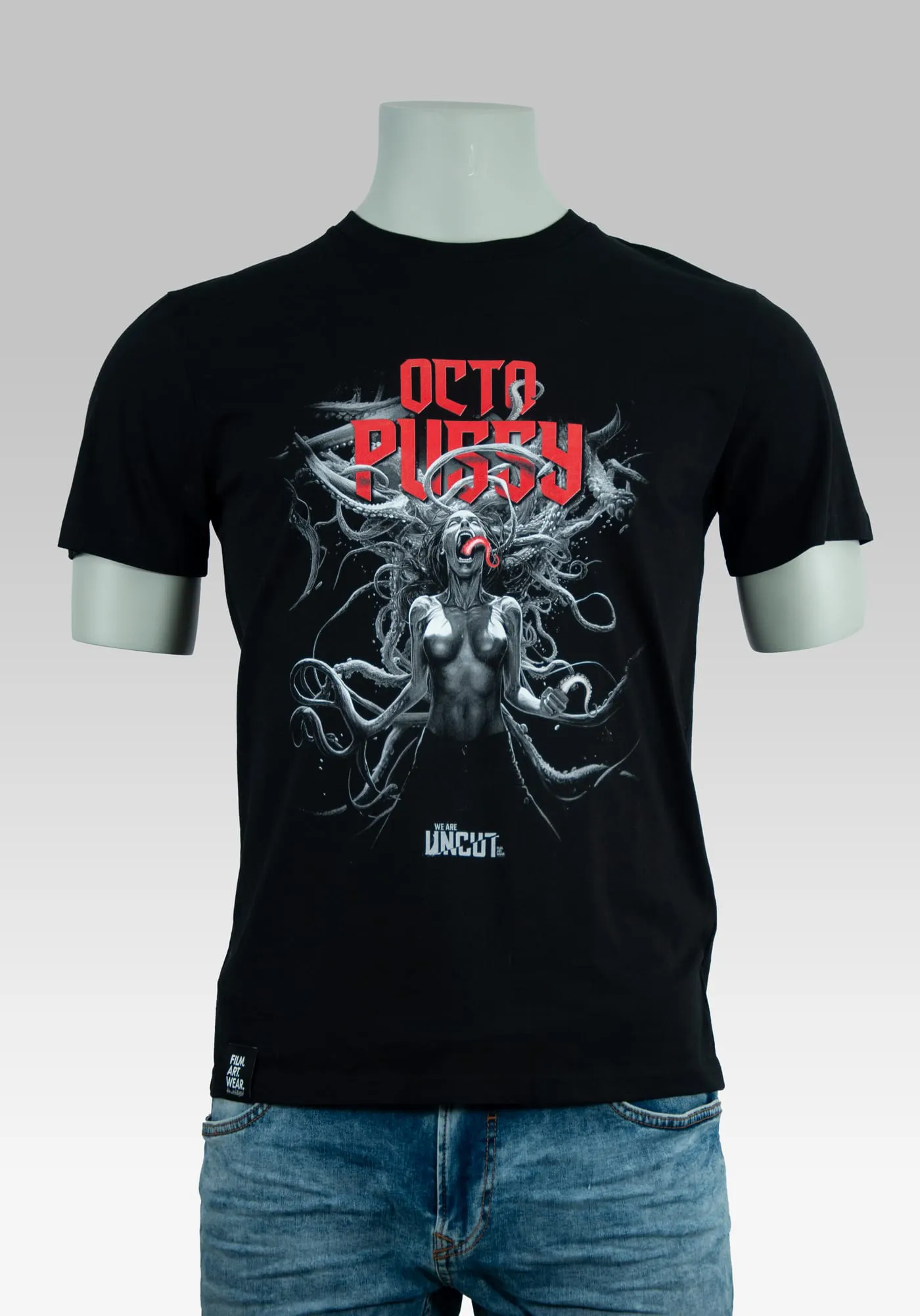 Unisex Horror-Print schwarzes lovecraft T-Shirt mit fantasy Print octopussy Frau